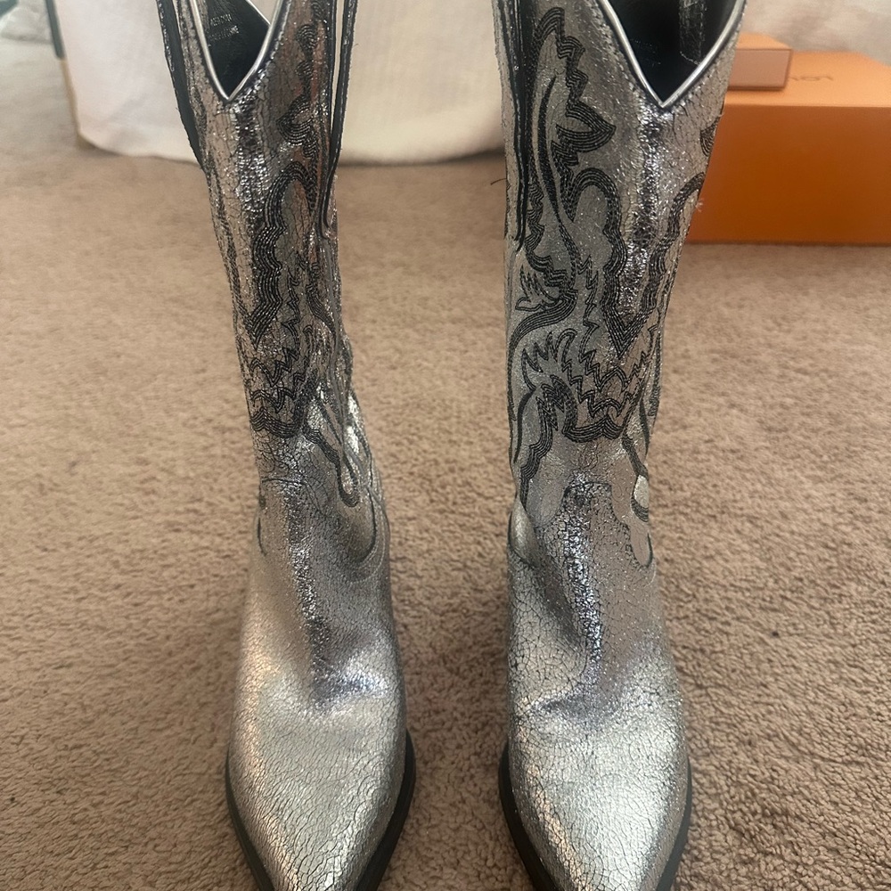 Jeffrey Campbell Silver Glitter Western Heeled Boots